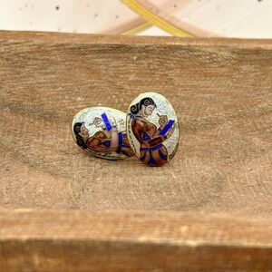 Vintage Men's Cufflinks Oval Enameled Cloisonné Ethnic Woman Tested Silver
